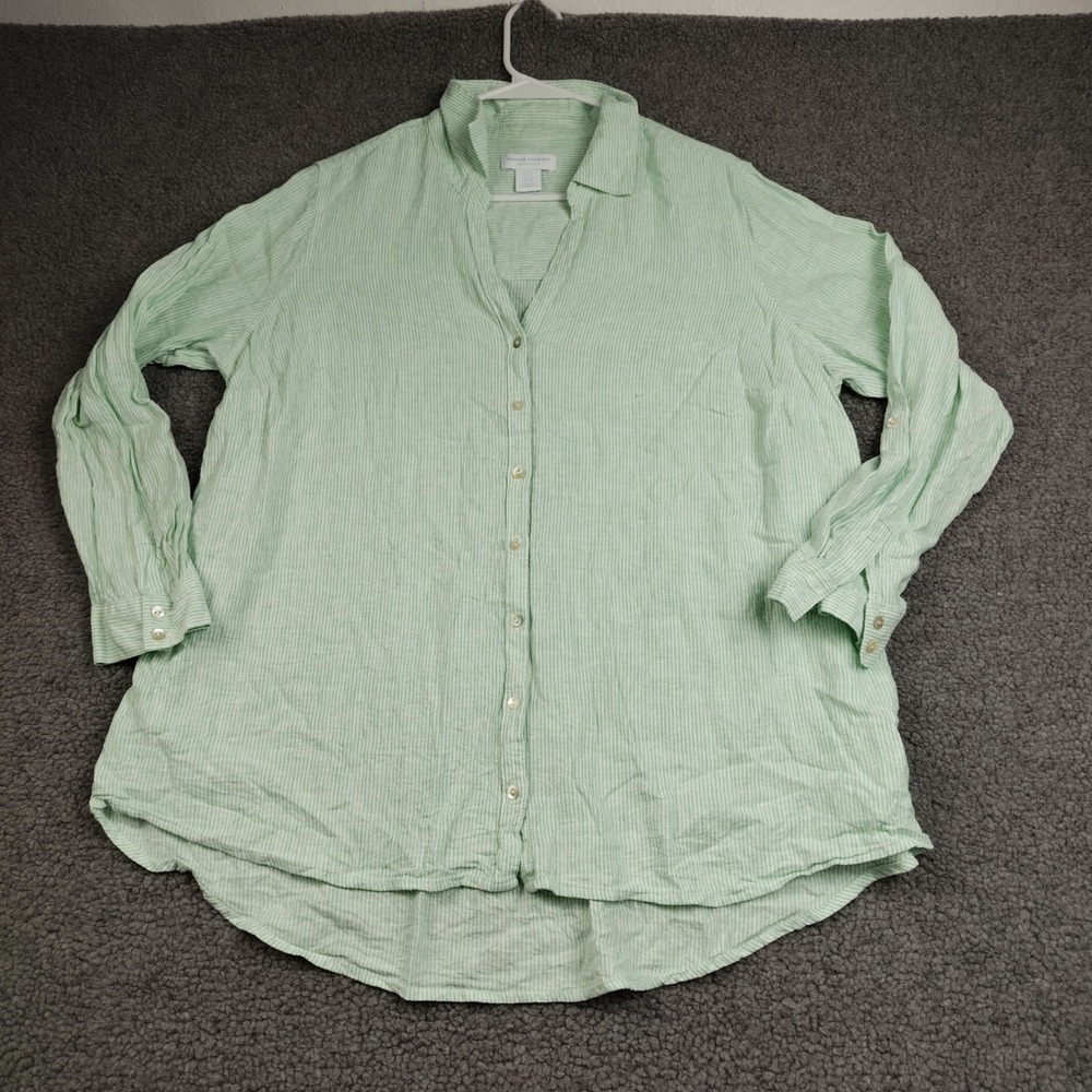 Martha Stewart Linen Blend Button Up Shirt Sz 1X Green White Striped EUC